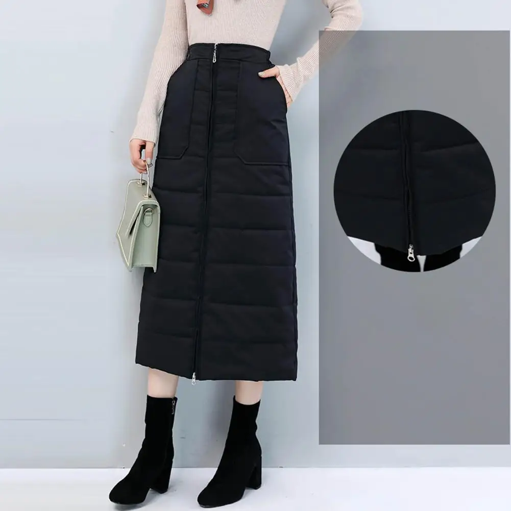 

Winter Warm Skirt Warm Down Cotton Skirt Windproof High Waist Down Skirt with Pockets for Women Thick Padded Resistant Maxi