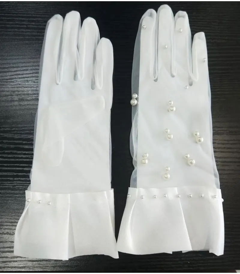 Guantes de boda de tul con perlas de lujo para mujer, borde de satén fruncido corto, accesorios de dama de honor para boda, guantes nupciales