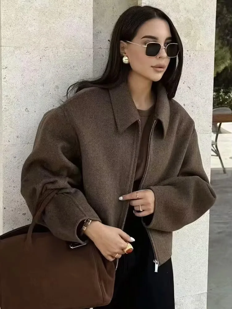 

HH Woman Elegant Zipper Pocket Decoration Long Sleeves Short Coat Woman Fashion Turn-down Collar Street Style Woolen Jacket