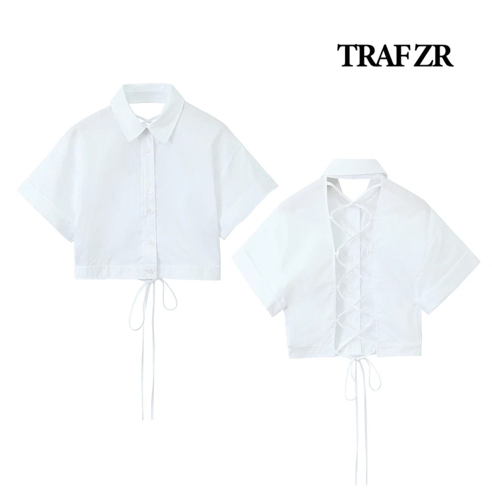 TRAF ZR Women's Stylish Blouses for Women 2024 Casual Cropped Shirts Back Ties Turn-up Short Sleeves Summer Tops Open Back