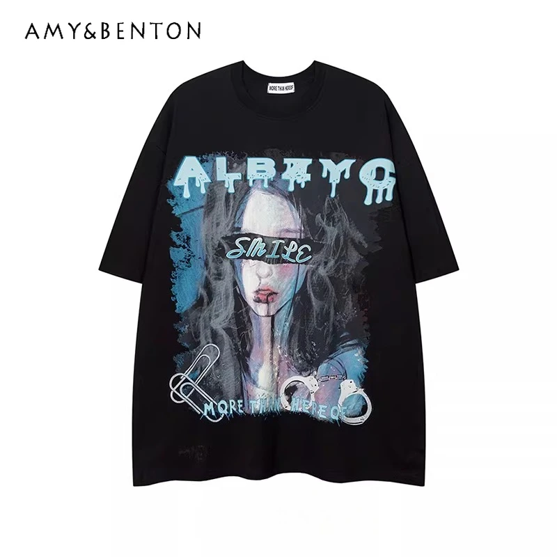 

Новая летняя женская футболка 2026 года в уличном ретро-стиле с черно-белым принтом в виде букв и рисунков маслом, с круглым вырезом и коротким рукавом