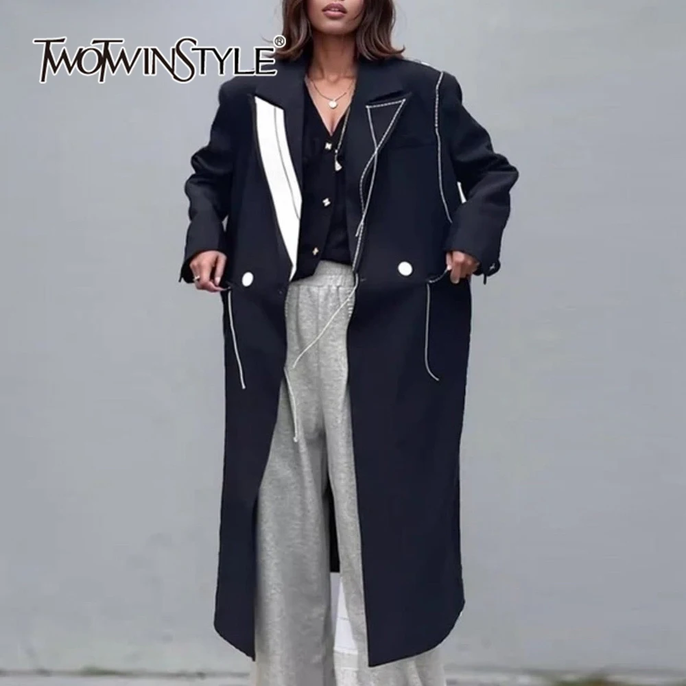 

TWOTWINSTYLE Temperament Colorblock Spliced Pocket Trench For Women Lapel Long Sleeve Patchwork Button Casual Trenches Female