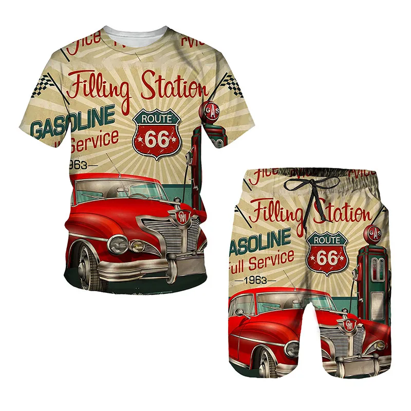 Route 66 Oldtimer 3D-Druck Herren T-Shirt Anzug Männlich Lässig O-Ausschnitt Trainingsanzug Herren Trapsta Kurzarm Set Übergroß Retro 2-teilig