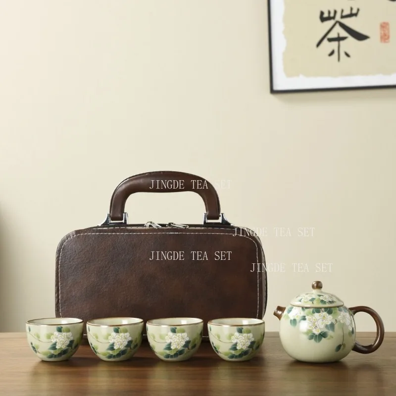 Chinese Style Floral Porcelain Tea Set Mini Portable Gongfu Teapot Cup Kit with Carry Bag for Travel Camping Gift Teaware Sets