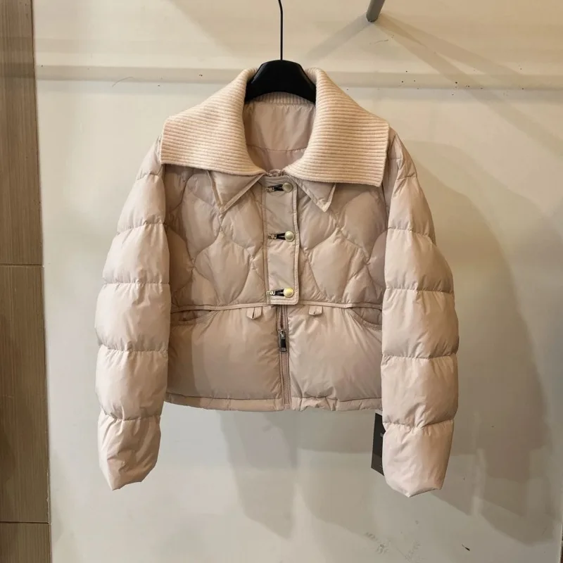 

Вязаная короткая пуховая куртка с двойным воротником на хлопковой подкладке, шелковое женское молодежное утягивающее теплое пальто, новое зимнее пальто в корейском стиле