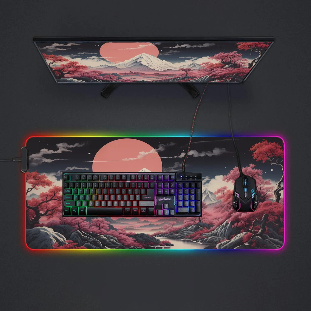 Imagem -06 - Estilo Japonês Led Mouse Pad Paisagens Rgb Sakura Gaming Mousepad Acessórios para pc Suporte Teclado Backlight 1200x600