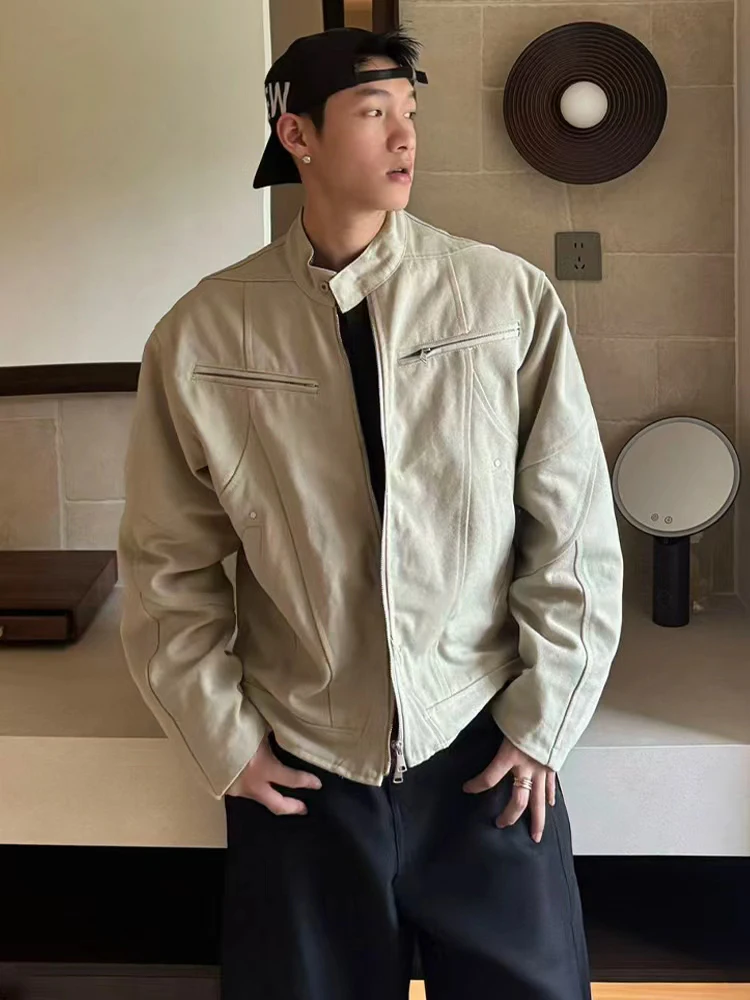 

Khaki American Retro Harleston Workwear Jaet Men's ort Sle Waed Canvas Stand Collar Spring Autumn Outerwear