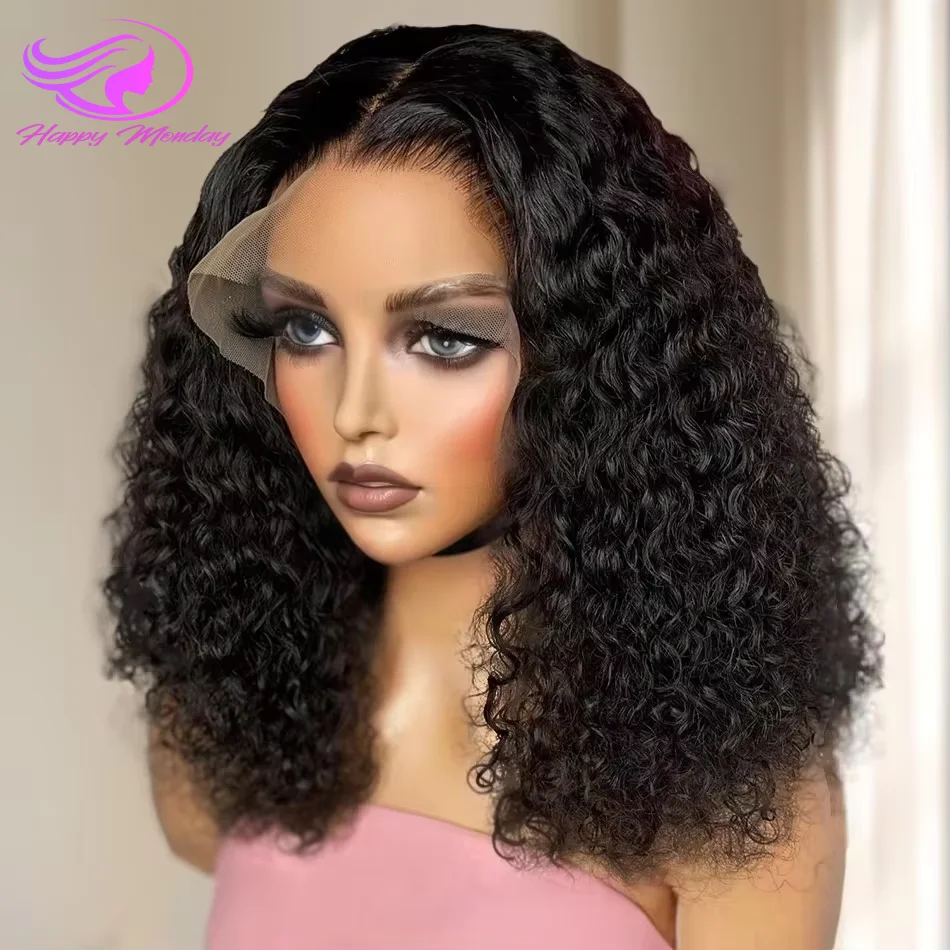 Peluca de cabello humano rizado con encaje Frontal para mujer, pelo corto Bob de 13x4, onda profunda 4x4, 12 pulgadas, transparente, 100%