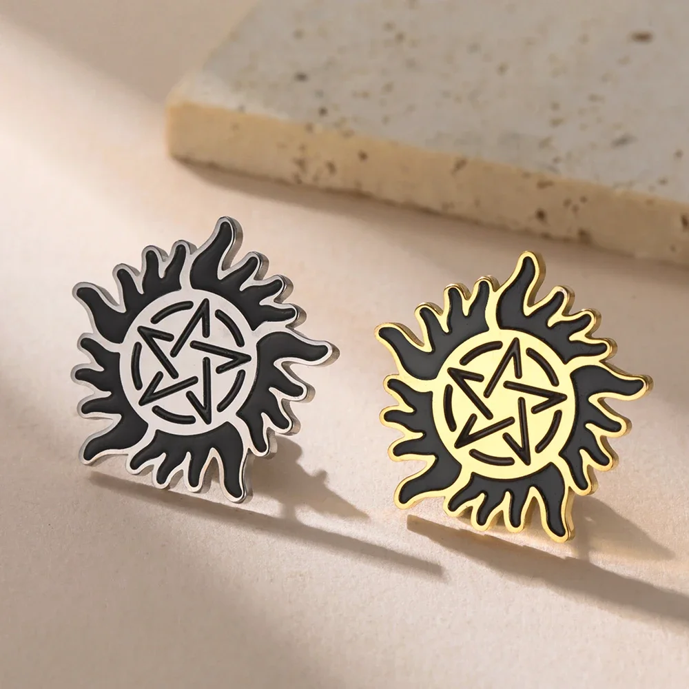 1pc Flame Sun Pentagram Brooch Stainless Steel Smearing Craft Supernatural Anti Evil Sun Symbol Brooch