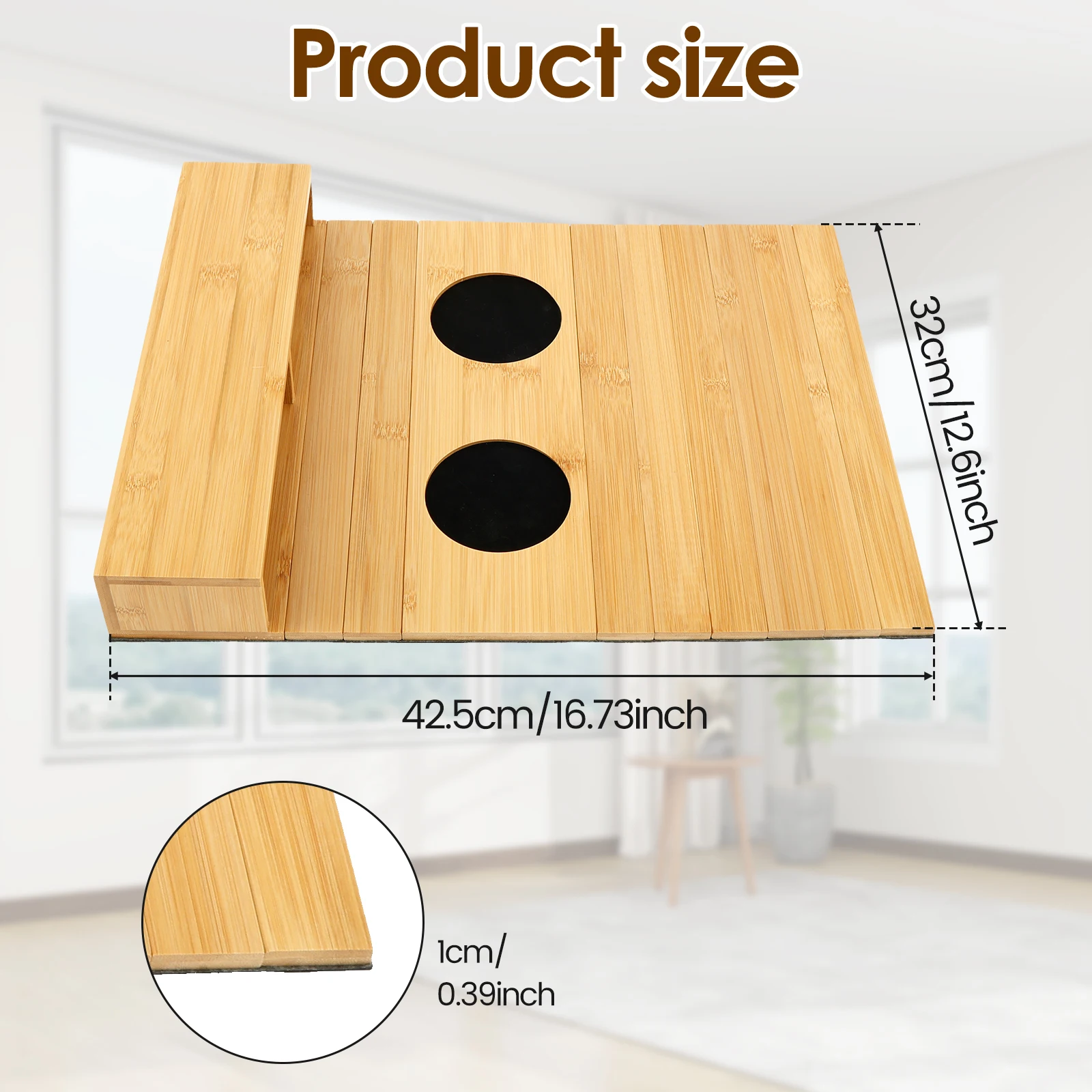 Bamboo Sofa Arm Tray Foldable Couch Cup Holder Anti-Slip for Drinks Snacks Remote Control Magazine Organizer