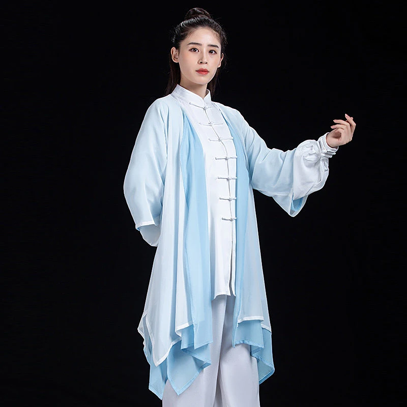 Unisex Double-Layer Tai Chi Suit Shawl Collar Flowing Qigong Group Performance Competition Overlay for Adults