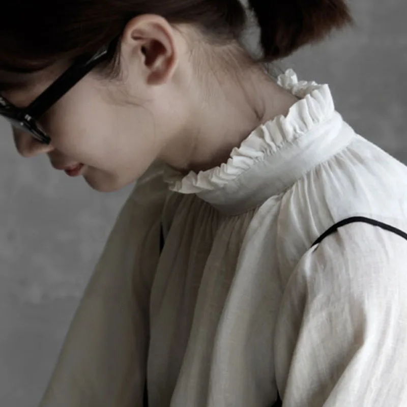 

Женский льняной топ с воротником-стойкой в стиле ретро, свободный крой и талией, винтажный дизайн с вырезом в ушах, дышащий влажный топ ng Long Sve