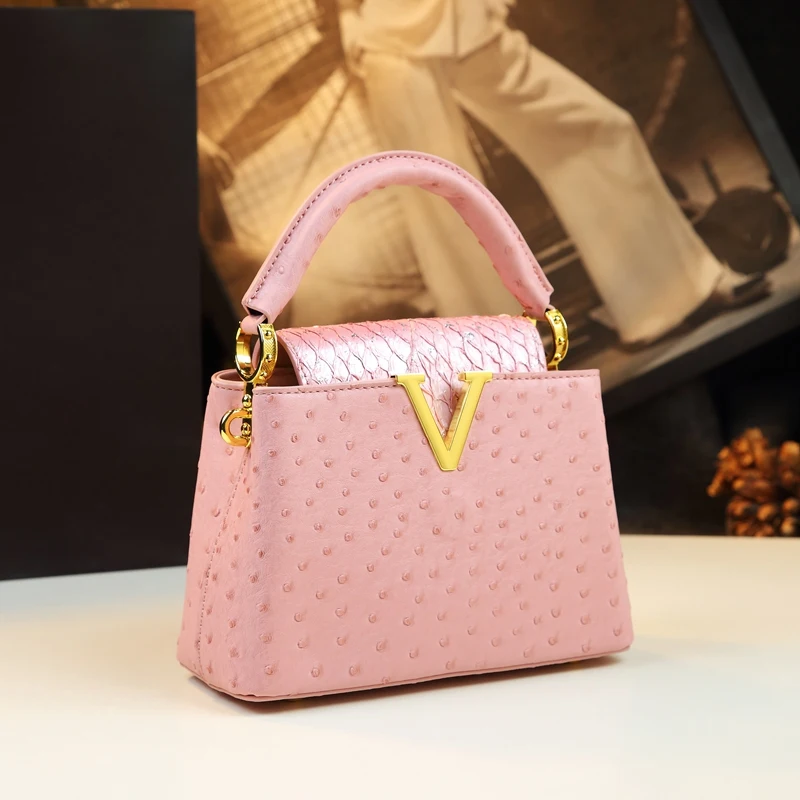 2024 Fashion Genuine Leather Women\'s Handbags V Letter Small Shoulder Crossbody Bag Ostrich Print Portable Messenger Shell Bags