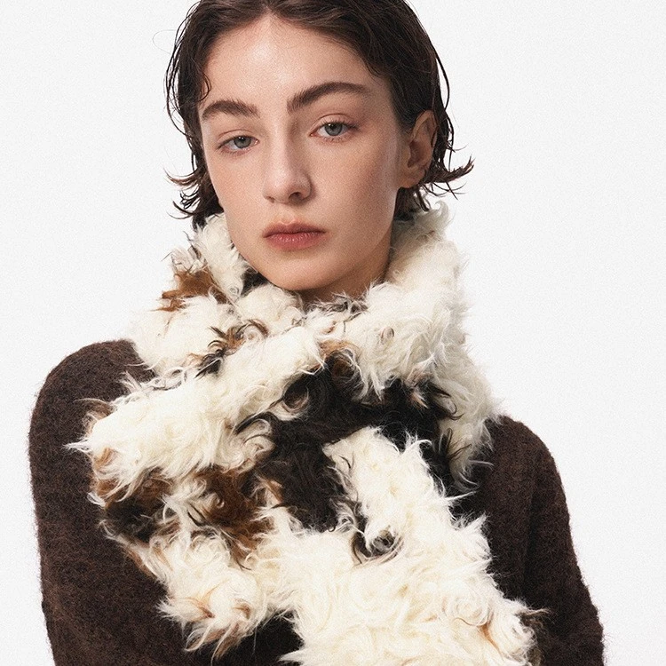 Women's Fluffy Faux Fur Scarf Patchwork Cream Brown Black Winter Warm Thick Neck Wrap Elegant Luxe Chic Trendy