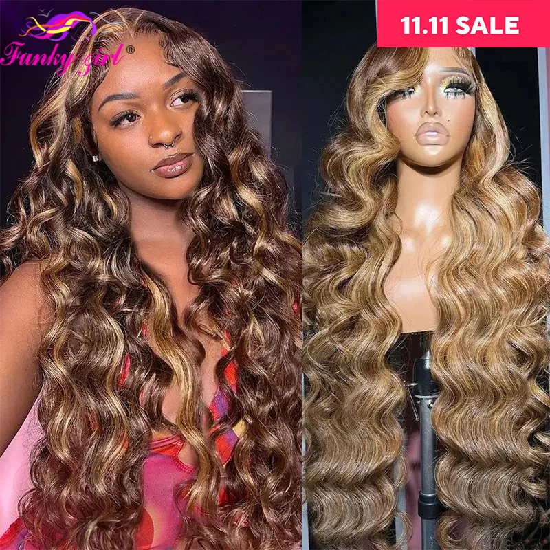 34 Inches 180Density Body Wave Highlight Honey Blonde Color Lace Front Human Hair Wig 4x4 Transparent Closure For Black Woman