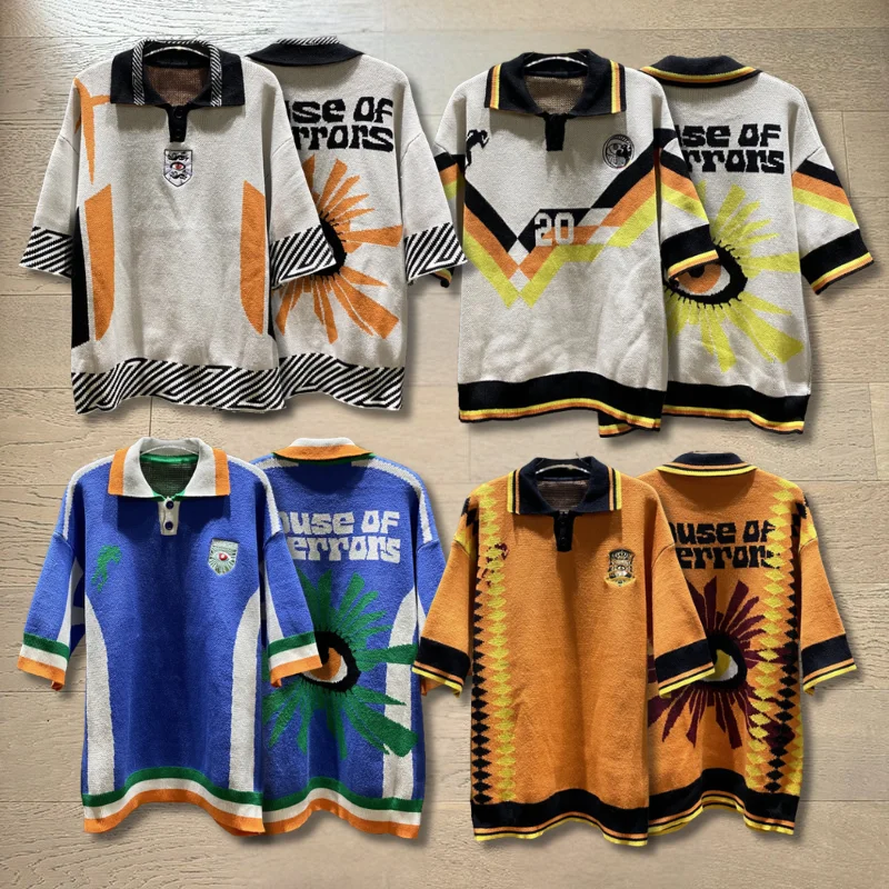 Pull jacquard orange col polo à manches courtes style streetwear décontracté ample pour hommes et femmes