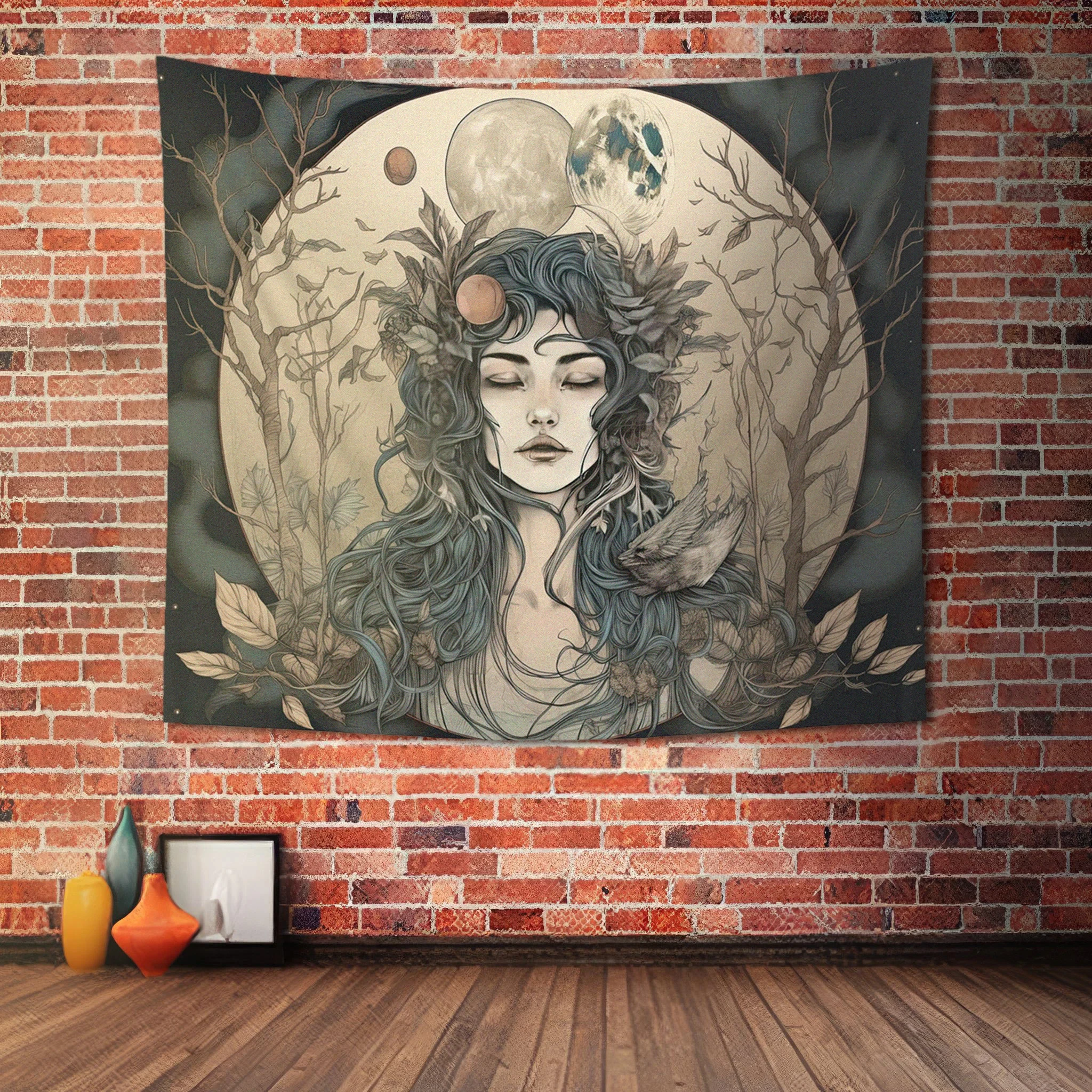 VIKAMA Dark Forest Moon God Tapestry Vintage Background Cloth Witch Style Living Room Decoration Hanging Cloth Room Decoration