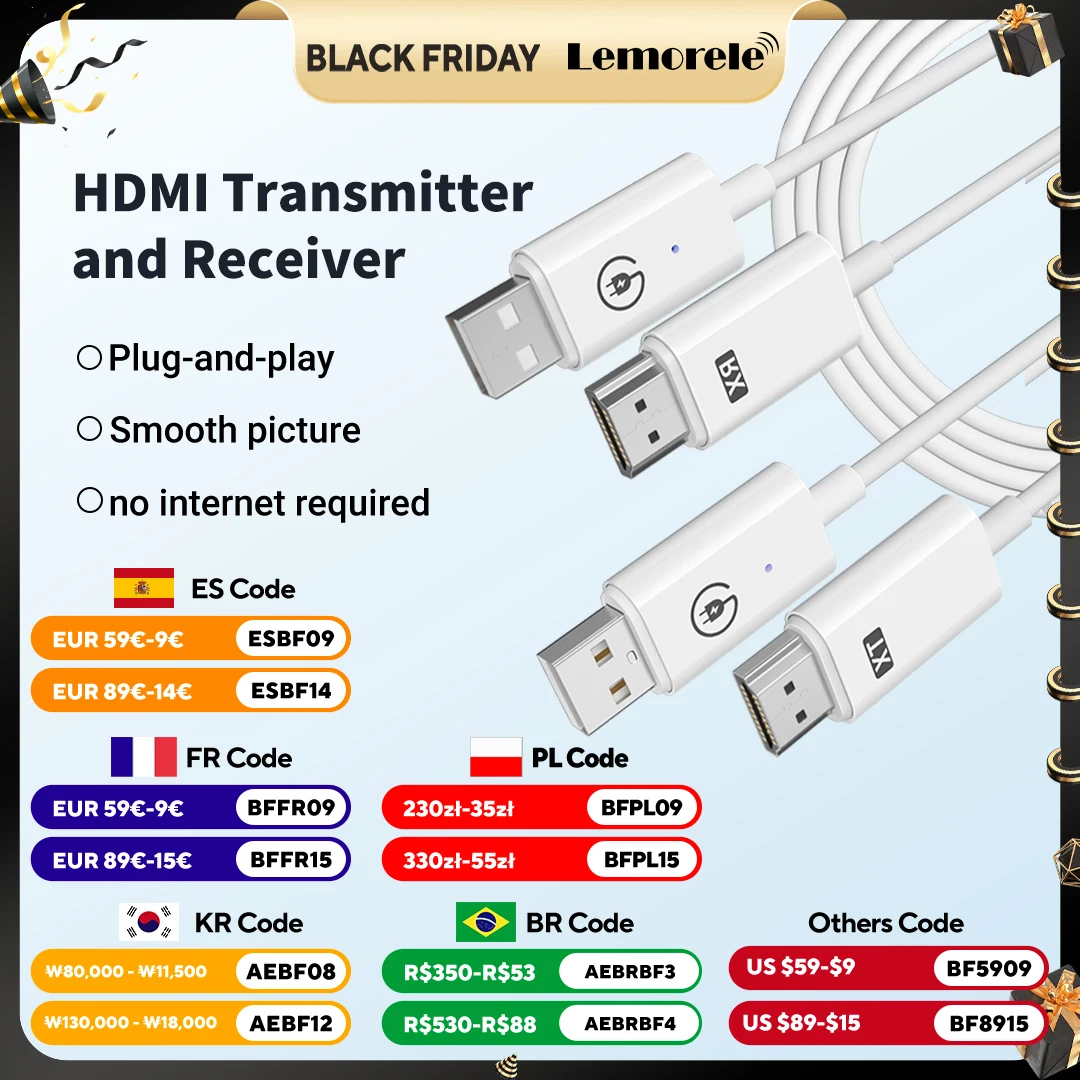 

Lemorele HDMI Wireless Transmitter Receiver Extender Kit 164FT/30M Wireless Display Dongle for TV Camera Streaming Projector