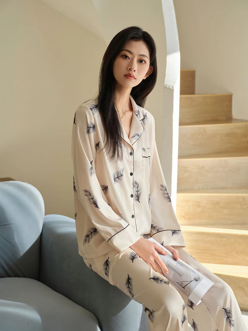 2025-new-feather-spwear-women's-long-sve-ice-silk-satin-home-clothes-set-can-be-worn-outside-spring-autumn-seasonal-youth