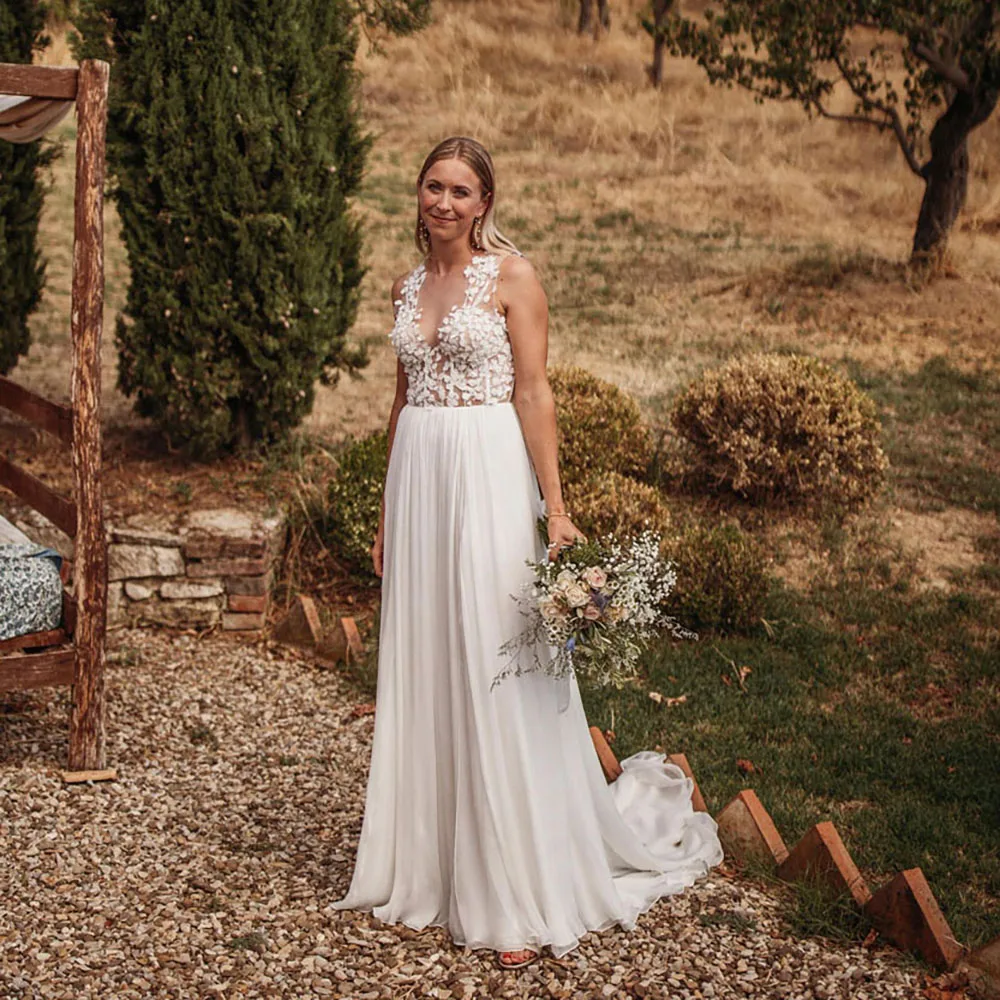 A Line Chiffon 3D Lace Rustic Customized Bridal Dress Sheer Boning Chiffon Skirt V Neckline High Split Wedding Gowns With Train