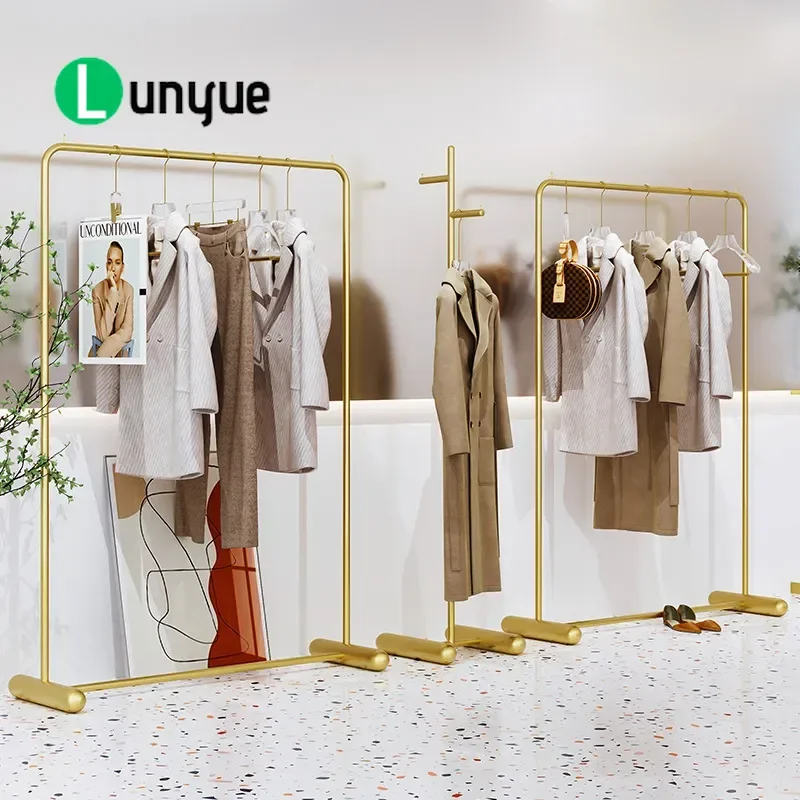 Gold Floor to Ceiling Clothing Display Rack Wrought Iron Hanger Shelf for Women and Kids Store Simple Light Luxury Retail