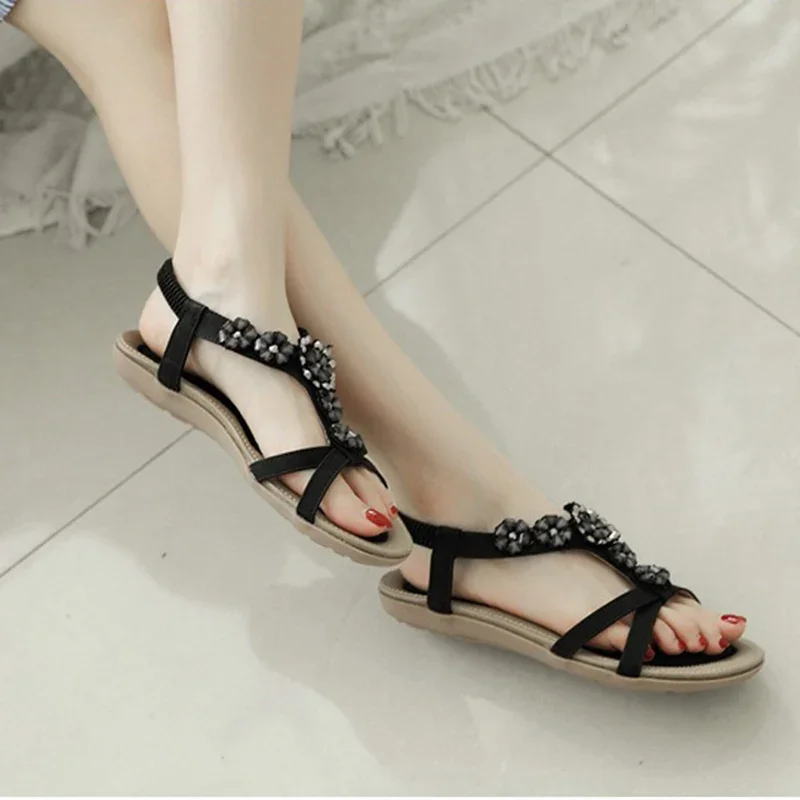 Large Size 35-42 Summer Women 1.5cm Platform 2cm Low Heels Sandals Female Bling Flower Sandals Lady Outside Cute Bohemian Shoes