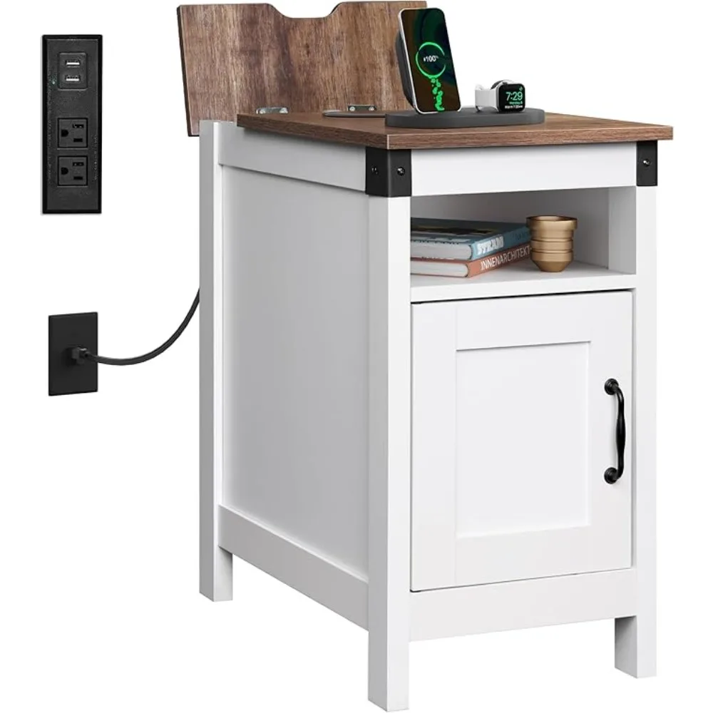 

End Table with Charging Station, Narrow Side Table for Living Room, Farmhouse Night Stand with Storage, Small Wooden Cabin