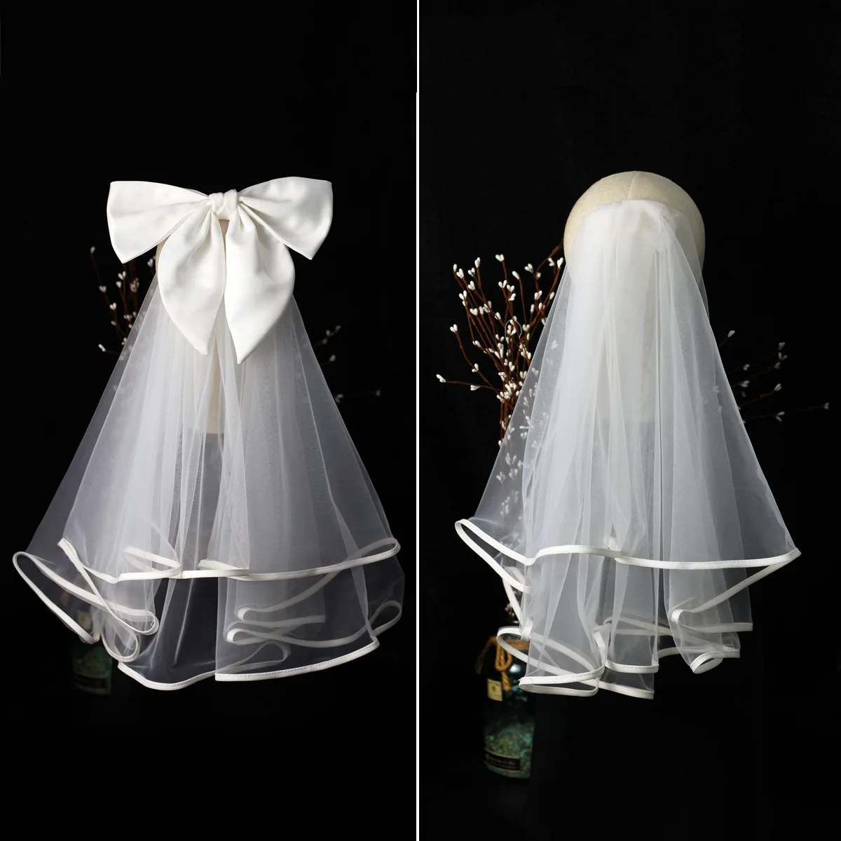

V693 New Retro Style Detachable Dual-Use Bow Bridal Veil Wedding Dress Accessories Manufacturer Wholesale