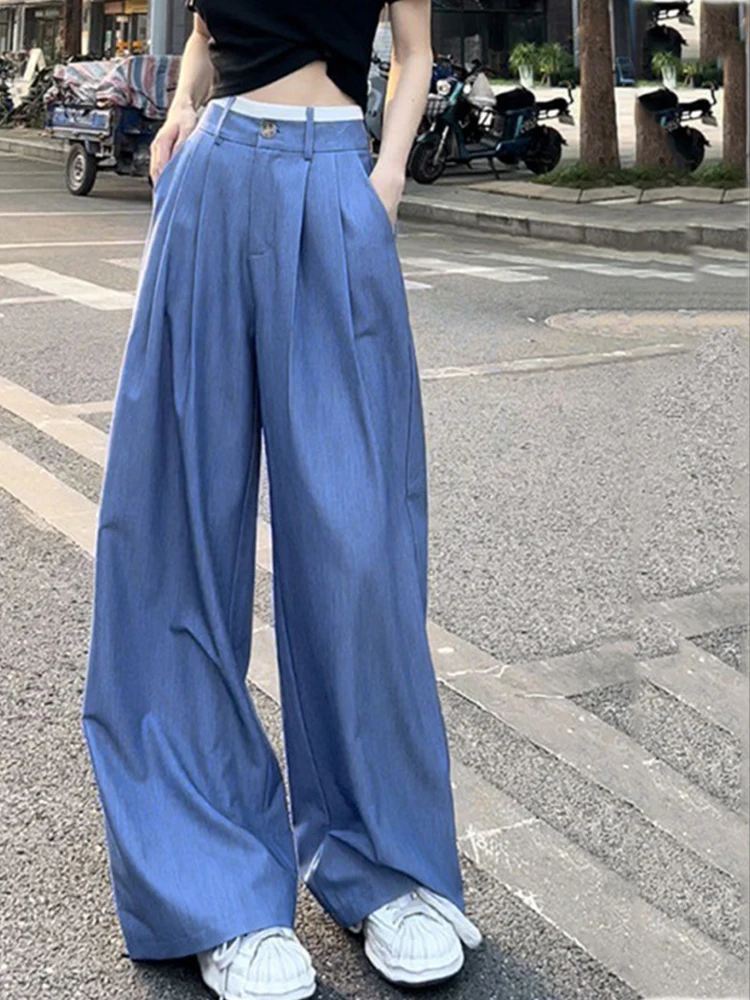 

Широкие брюки в американском стиле, женские, летние, новые, с высокой талией, стройнящие, с эффектом драпировки, контрастных цветов, прямого кроя.