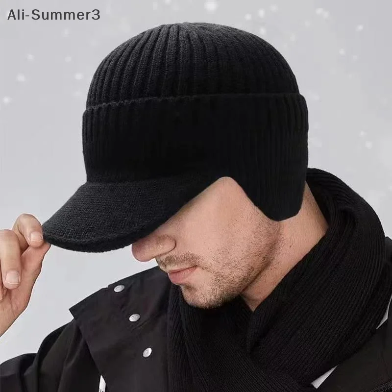 Winter Warm Knitted Beanie With Brim And Ear Flap Warm Fleece Lined Beret Cap For Men For Outdoor Cycling Warm Daily Commuting