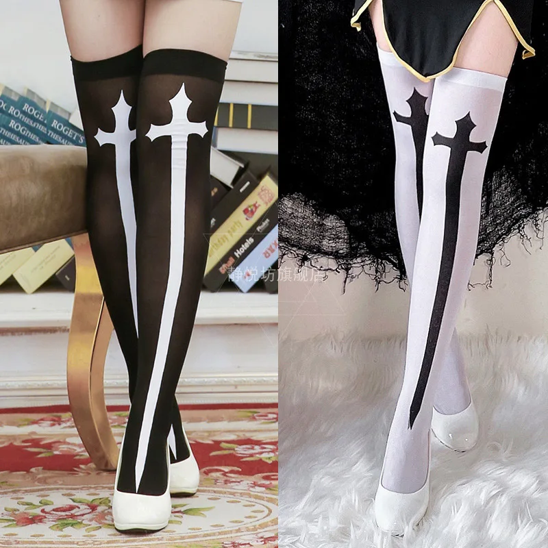 Resurrection Halloween Skeleton Cross Over Knee Socks Cos Nun Dress Accessories Dark Black Wind Laurie Over Knee Socks