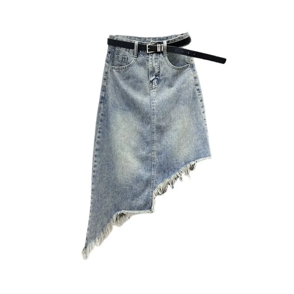 กางเกงยีนส์หญิงกระโปรงเอวสูงFringe Midiไม่สม่ําเสมอผู้หญิงDenimกระโปรงHarajukuสายChicและElegantเสื้อผ้าแนวโน้ม 2025