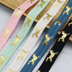 5/8'' 15mm Gold Foil Horse Print FOE Band Fold Over Elastic Ribbon Elastic Band For DIY Sewing Accessories Hair Ties Bracelet
