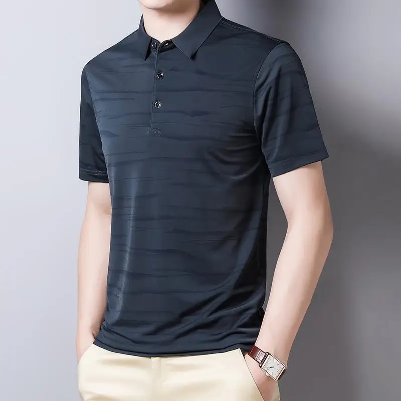 

Loose Summer New Ice Silk T-shirt Men's Short Sleeve Thin Stripe Lapel Polo V-Neck Pullover Printing Fashion Casual