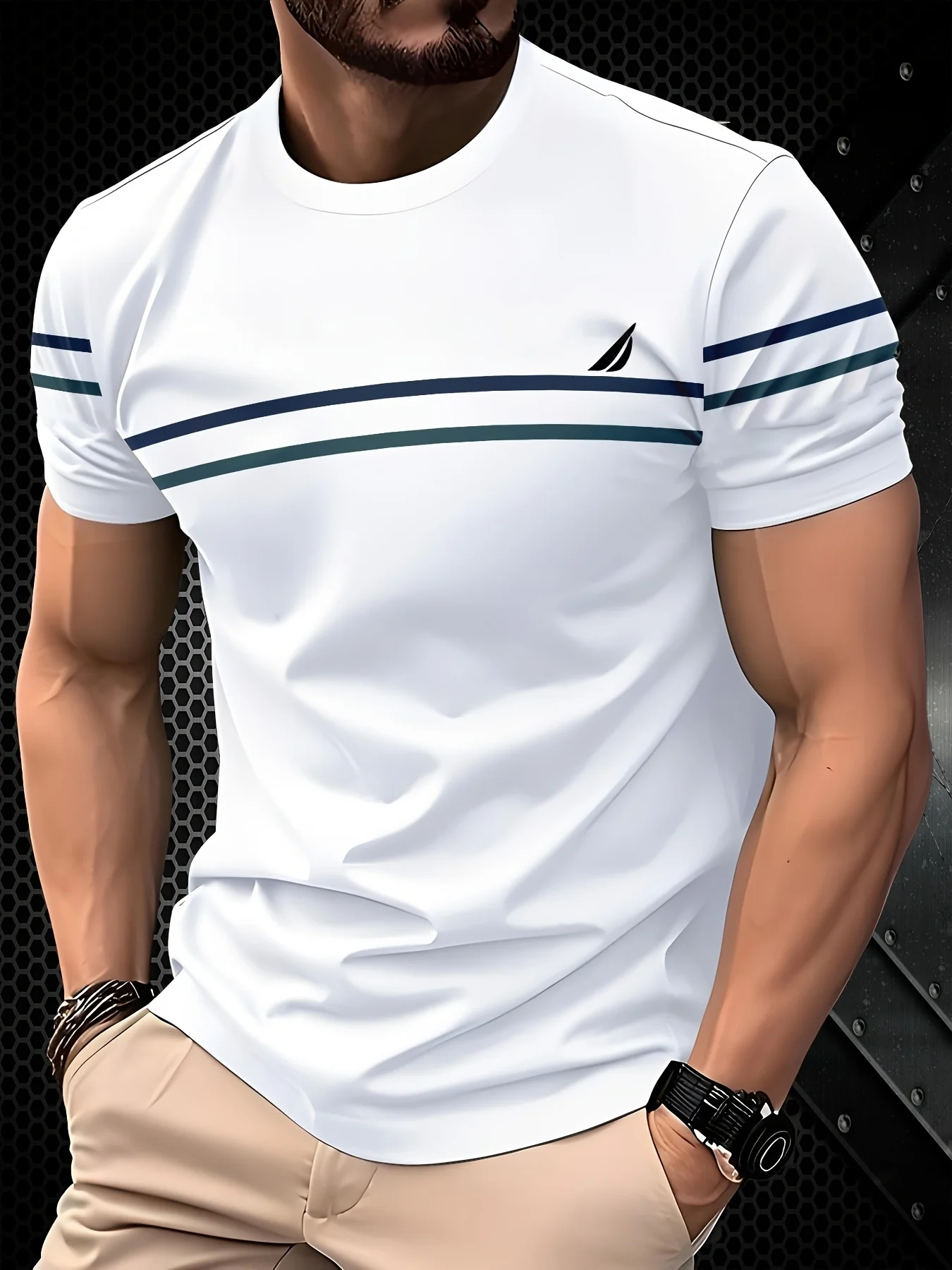 New men's short-sleeve T-shirt, loose-fitting and tailored with printed designs, versatile basic crew-neck top suitable for spri