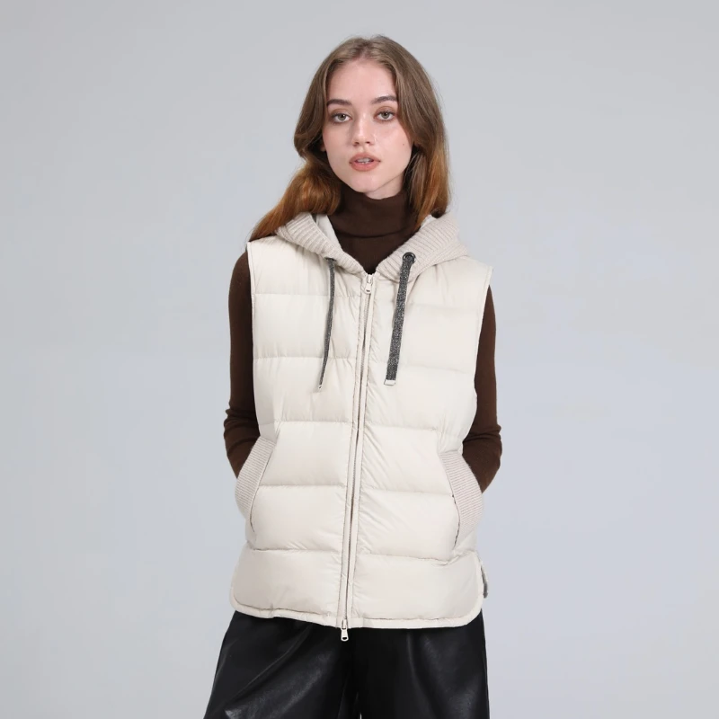 Autumn and Winter Women\'s  Knitted Patchwork  Short  Down Vest Casual Loose Versatile Hood Zipper Warm  Sleeveless  Coat