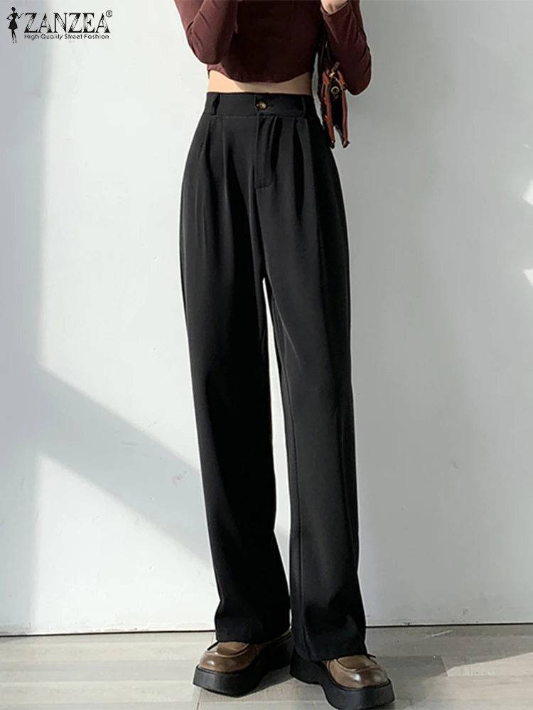 

ZANZEA Elegant Women Elastic Waist Pants 2024 Fashion Commute Solid Color Long Trousers Casual Office Wear Straight-Leg Palazzo