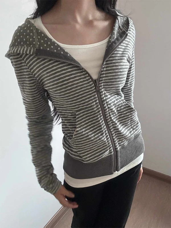 Slim Fit American Style Hooded Cardigan Sweatshirt Women's Short Thin Autumn New Fashion Versatile Open Cardigan Striped Spot...