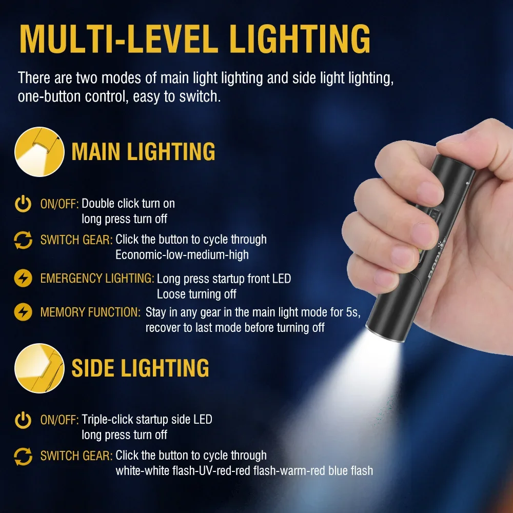 BORUiT V5S 500LM UV مصباح ليد جيب رأس دوار نوع-C الشعلة القابلة لإعادة الشحن ضوء العمل مع المغناطيس فانوس التخييم مقاوم للماء
