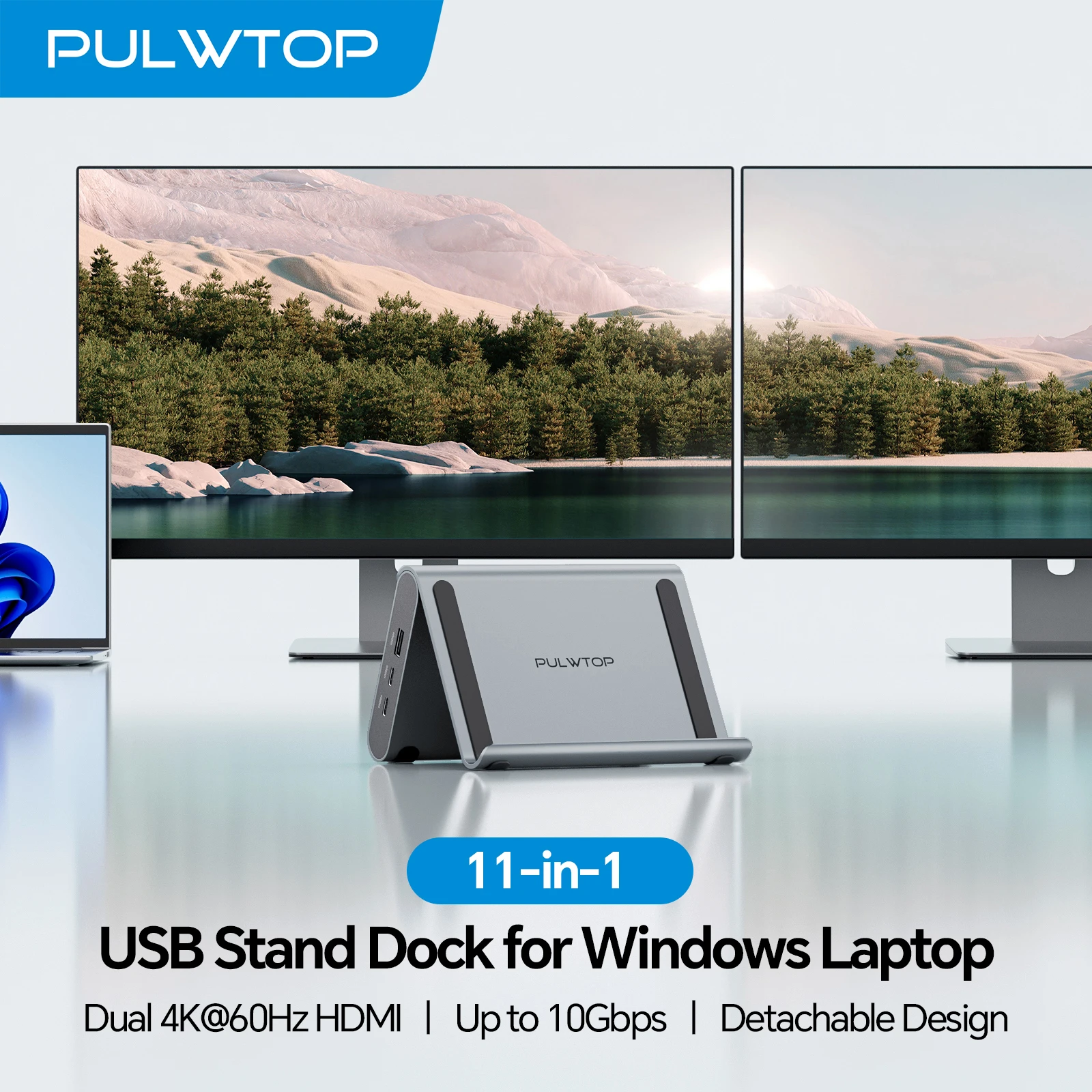 

PULWTOP Dual Monitor USB-C Docking Station with 2 XHDMI 4K, 3 X USB-C/A 10Gbps, 2 X USB-A 5Gbps, USB-2.0, Ethernet