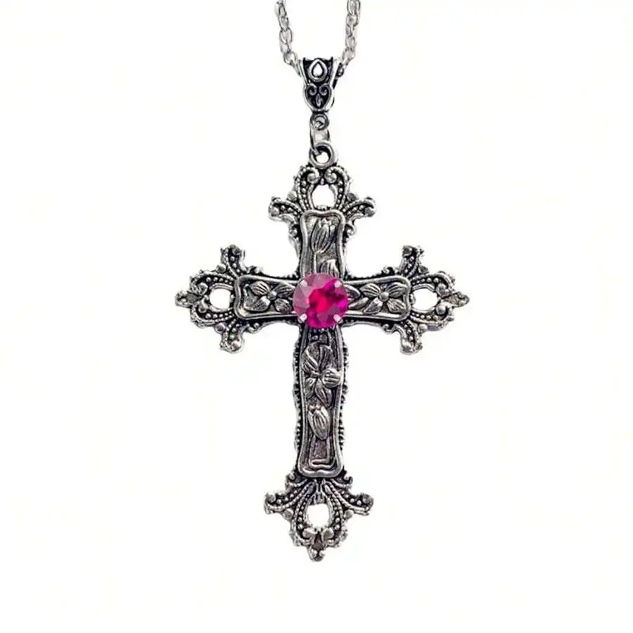 

Antiqued Silver Cross Pendant Necklace with Pink Crystal Center Floral Carving Gothic Style