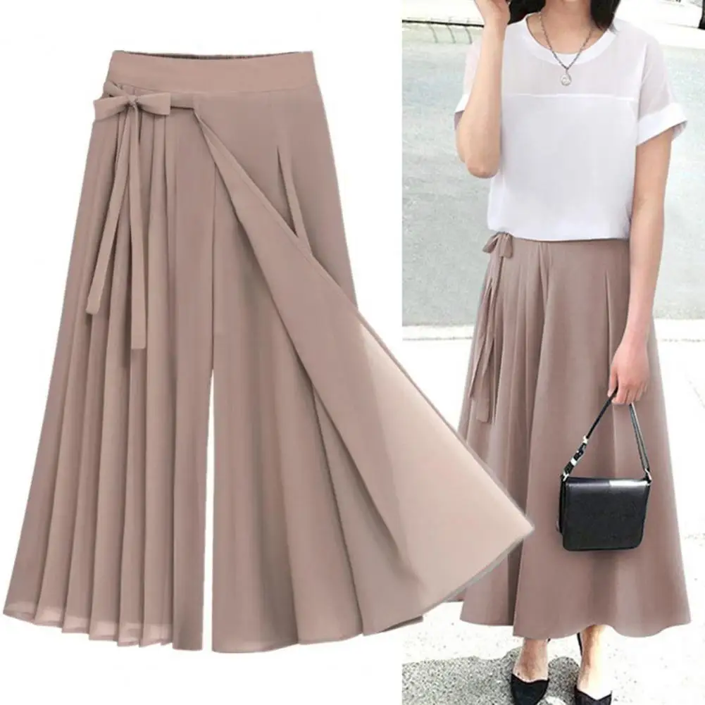 

Pleated Design Pants Elegant Women's Pleated Chiffon Culottes with Lace-up Bowknot Detail Loose Fit Wide Leg Trousers for Spring