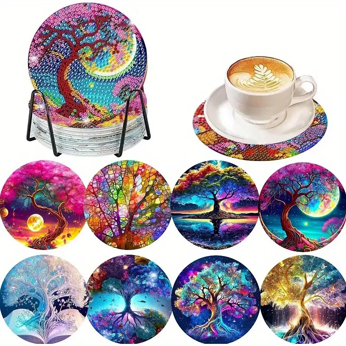 8 pieces/set of tree diamond painted coasters set, sparkling water diamond heat-resistant beverage coasters with stand DIY coast