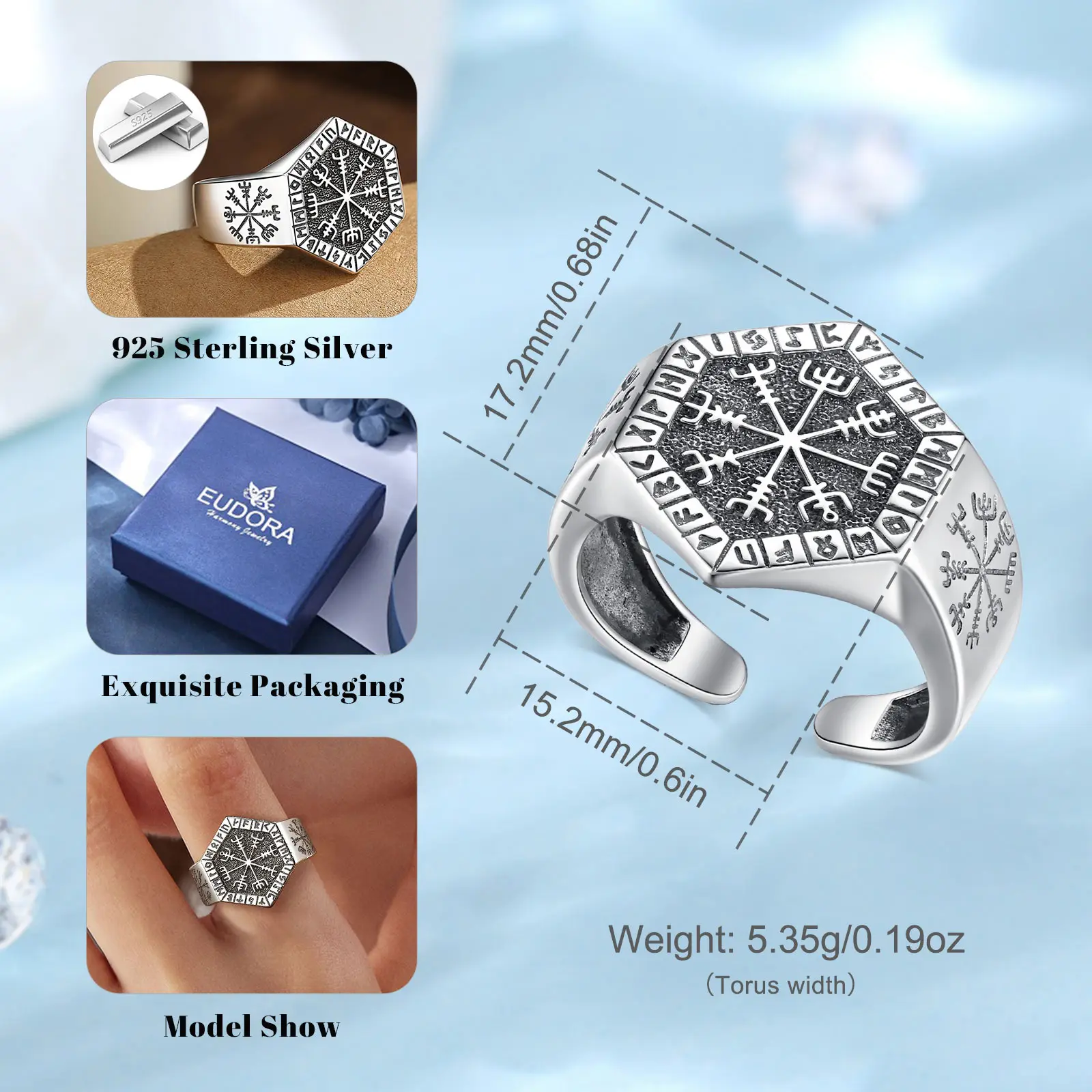 Eudora 925 Sterling Silver Viking Compass Adjustable Ring Norse Rune Vegvisir Ring Vintage Jewelry Holiday Gift for Men Women