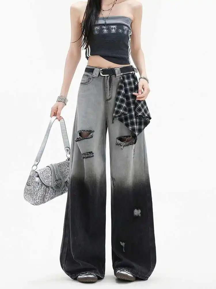 

Модные женские джинсы с градиентом черно-серого цвета, рваные, в американском стиле, с высокой талией, свободные, прямые, в клетку, 2026 года