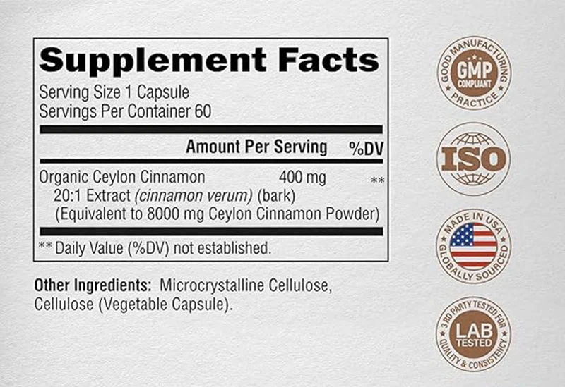 Ceylon Cinnamon Capsules - Suitable for Men and Women - Pure Natural Extract 20:1 Supplement -60 capsules