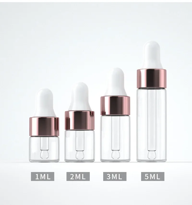 10PCS Mini Dropper Bottles Glass Empty Essential Oil Aromatherapy Bottles Rose Gold Cap Pipettes Bottles 1ml 2ml 3ml 5ml