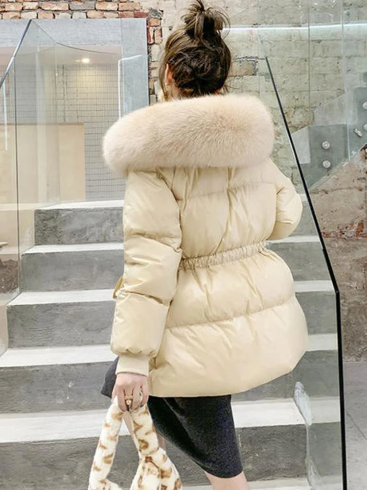 2024 Autumn Winter Hooded Fur Collar Parkas Mujer With a Belt Thick Warm Down Cotton Padded Jacket Women Casual Coat Female