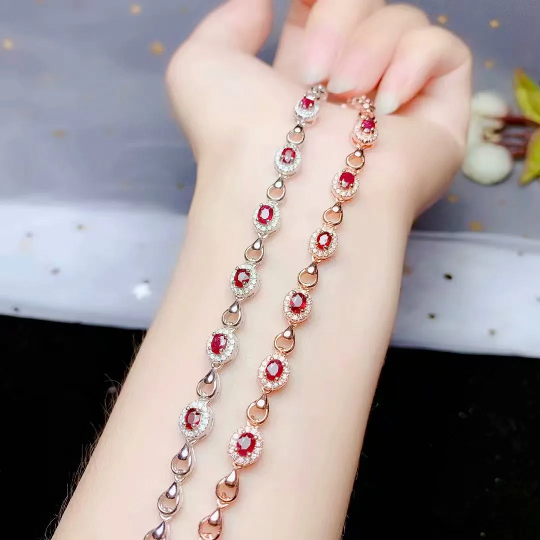 Pulsera de Plata Pura con Baño de Oro Rosa de 8K, con Gema Ovalada de 34mm, 6 Rubíes Rojos y Jade, Joyería de Moda DIY