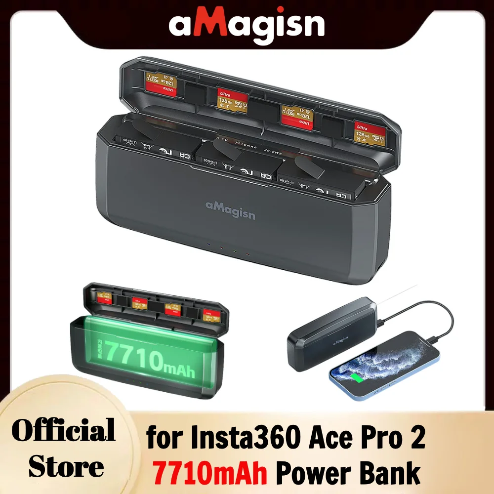 

aMagisn Wireless Battery Charger for Insta360 Ace Pro 2, 3 Channel Battery Charger 7710mAh Power Bank for Insta 360 Accessories